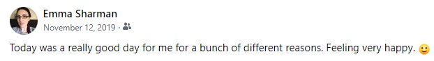 {Image description: Post from Emma's personal page* on November 12, 2019. text reads Today was a really good day for me for a bunch of different reasons. Smile emoji End description.]